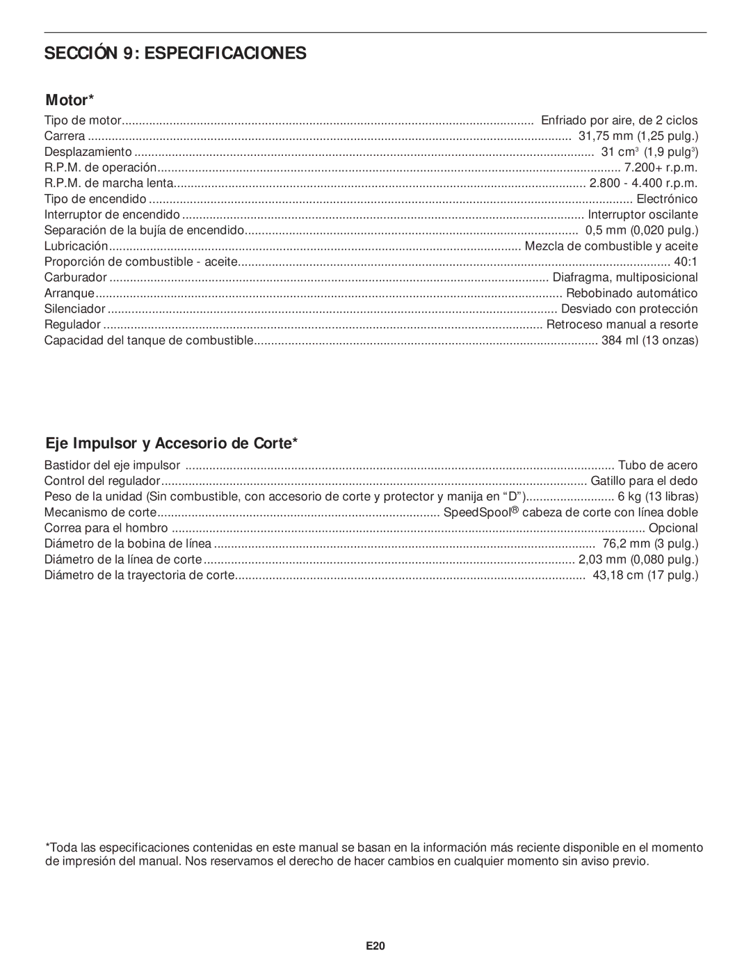 MTD YM75 manual Sección 9 Especificaciones, Motor, Eje Impulsor y Accesorio de Corte 