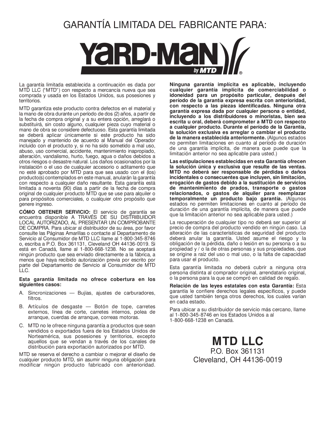 MTD YM75 manual Garantía Limitada DEL Fabricante Para 