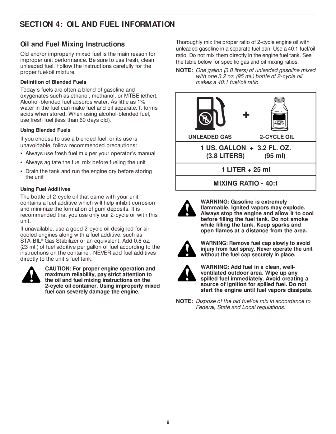 MTD YM75 manual OIL and Fuel Information, Oil and Fuel Mixing Instructions 