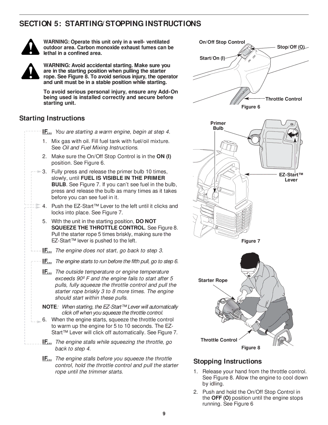 MTD YM75 manual STARTING/STOPPING Instructions, Starting Instructions, Stopping Instructions 