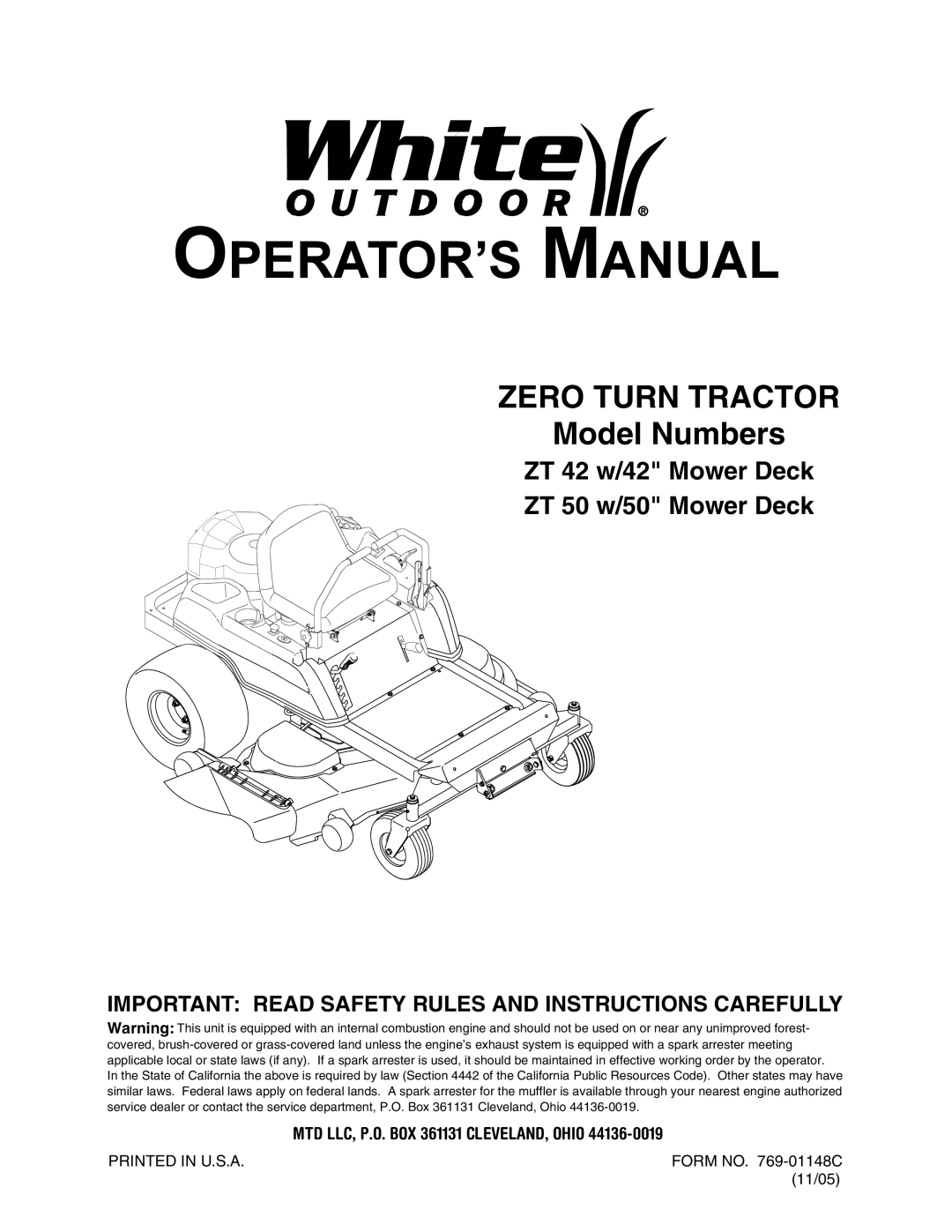 MTD ZT 42, ZT 50 manual OPERATOR’S Manual, Important Read Safety Rules and Instructions Carefully 