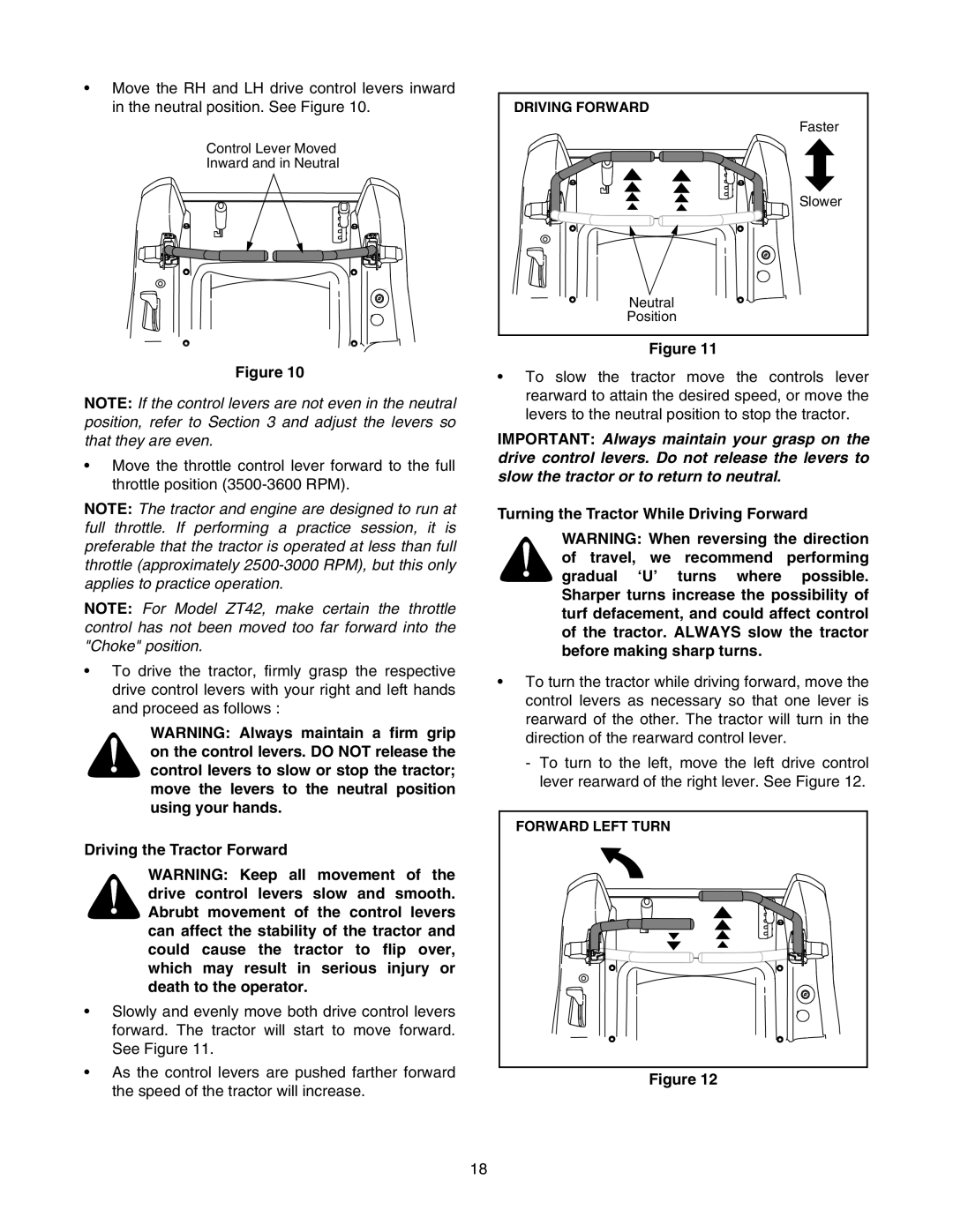 MTD ZT 50, ZT 42 manual Driving the Tractor Forward, Turning the Tractor While Driving Forward 