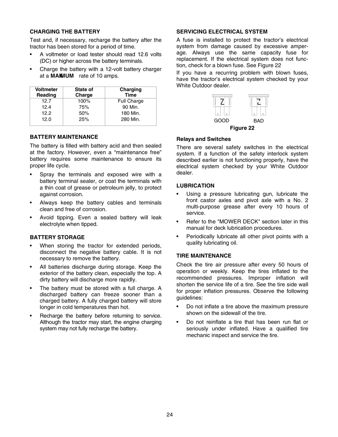 MTD ZT 50, ZT 42 manual Charging the Battery, Battery Maintenance, Battery Storage, Servicing Electrical System, Lubrication 