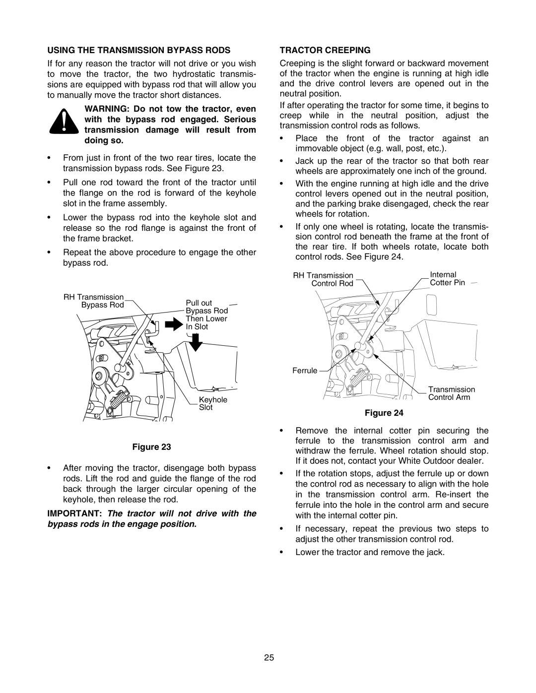 MTD ZT 42, ZT 50 manual Using the Transmission Bypass Rods, Tractor Creeping 