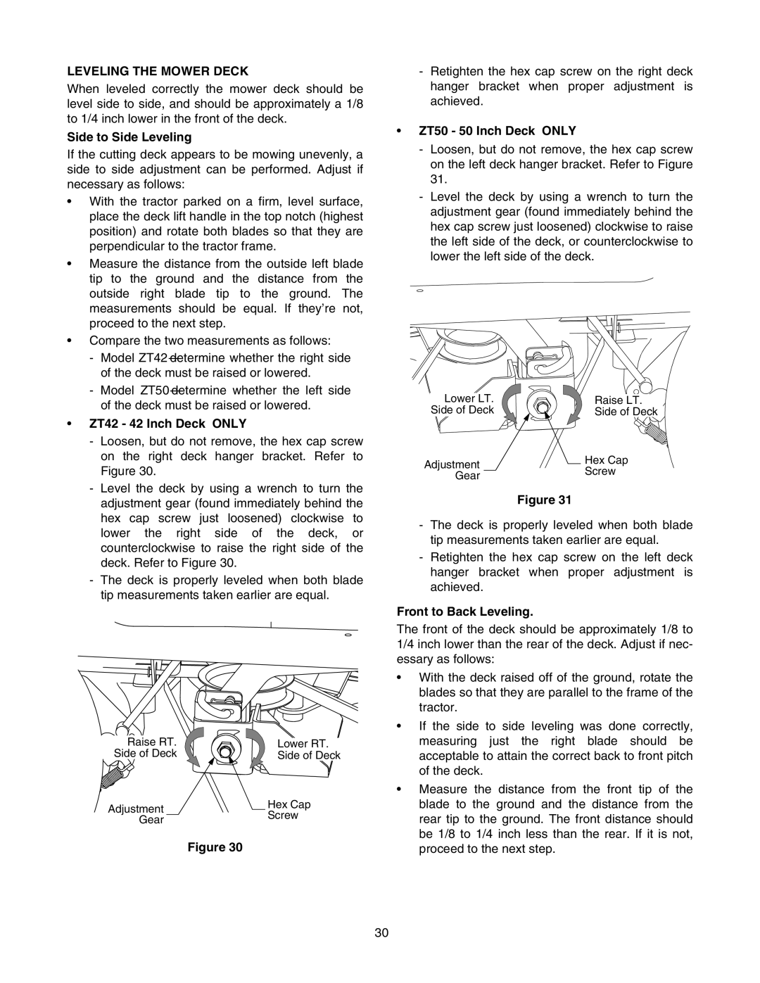 MTD ZT 50, ZT 42 manual Leveling the Mower Deck, Side to Side Leveling, ZT42 42 Inch Deck only, ZT50 50 Inch Deck only 