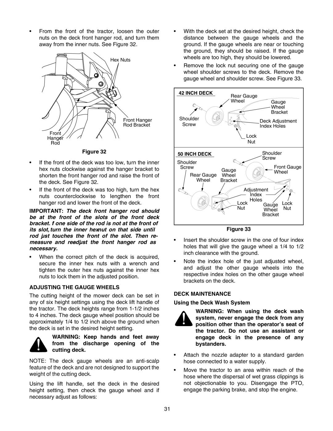 MTD ZT 42, ZT 50 manual Adjusting the Gauge Wheels, Deck Maintenance, Using the Deck Wash System 