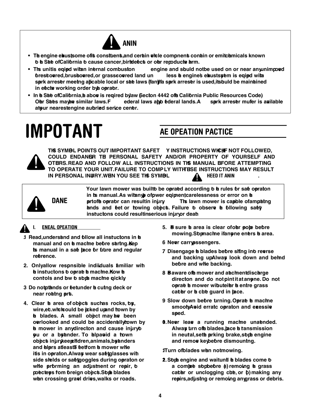 MTD ZT 50, ZT 42 manual Safe Operation Practices, General Operation 