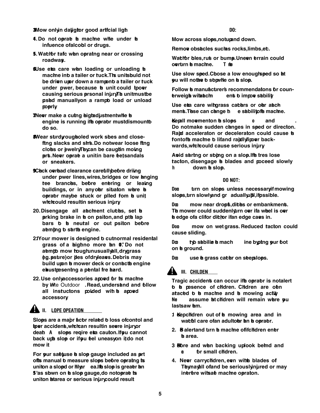 MTD ZT 42, ZT 50 manual II. Slope Operation, Do not, III. Children 