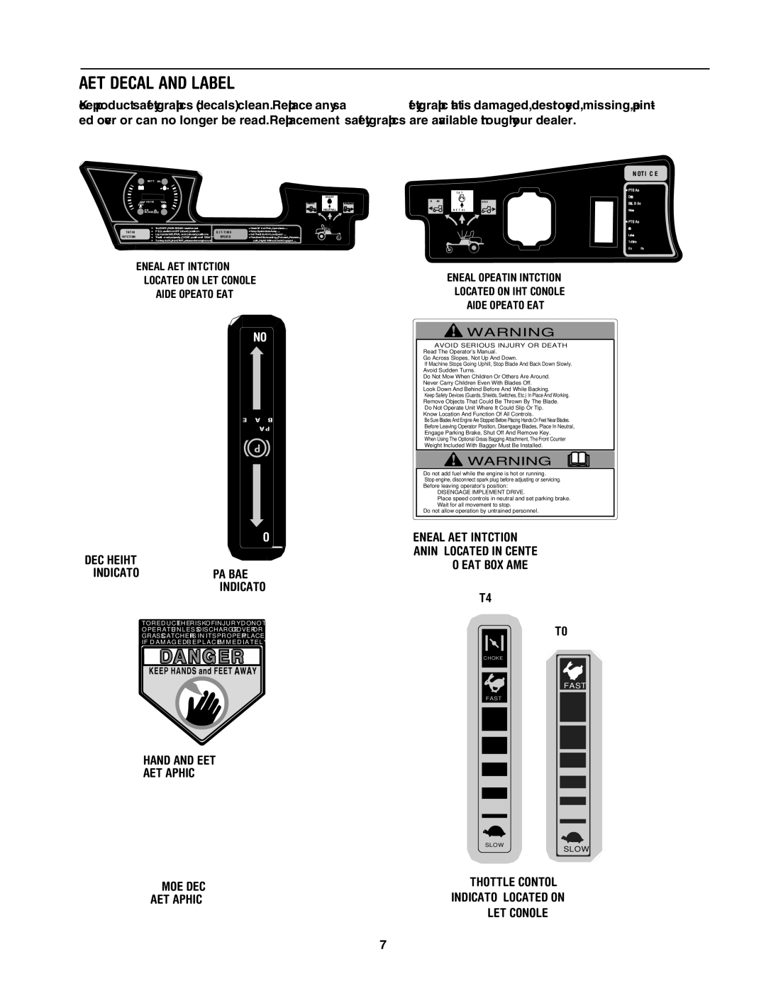 MTD ZT 42, ZT 50 manual Safety Decals and Labels, Deck Height Indicator Park Brake, ZT42 ZT50, Hands and Feet Safety Graphic 