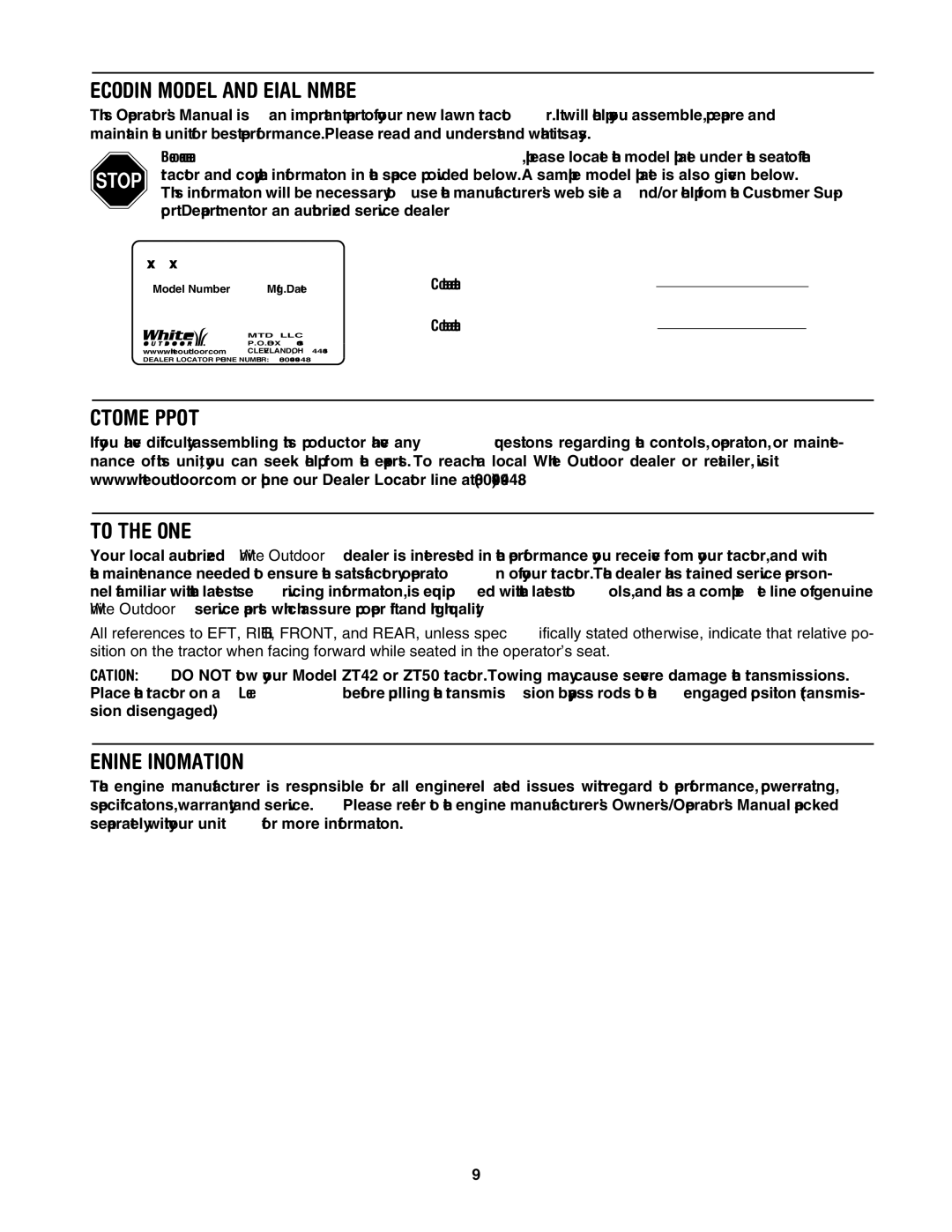 MTD ZT 42, ZT 50 manual Recording Model and Serial Number, Customer Support To the Owner, Engine Information 