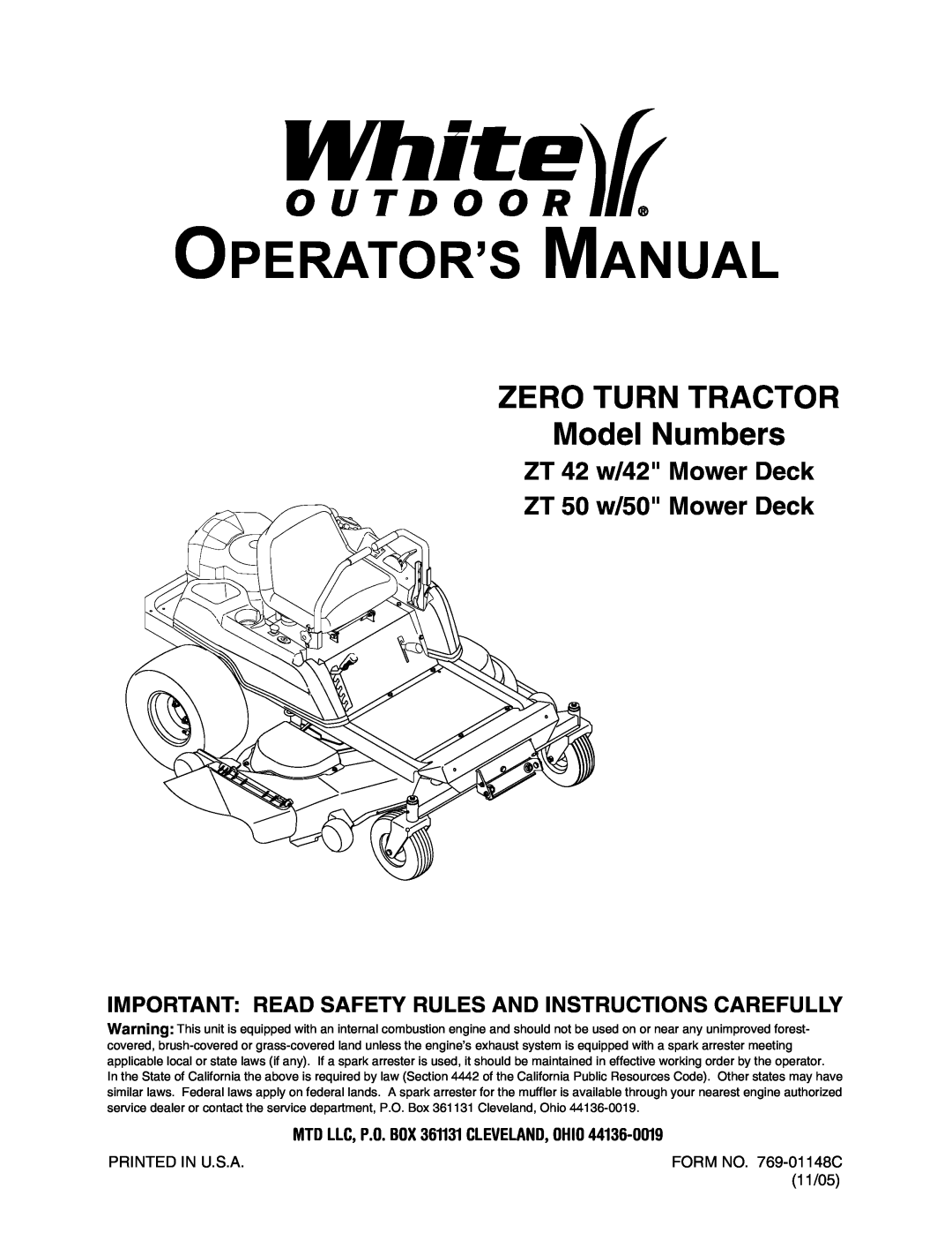 MTD manual ZT 42 w/42 Mower Deck ZT 50 w/50 Mower Deck, Operator’S Manual, ZERO TURN TRACTOR Model Numbers 