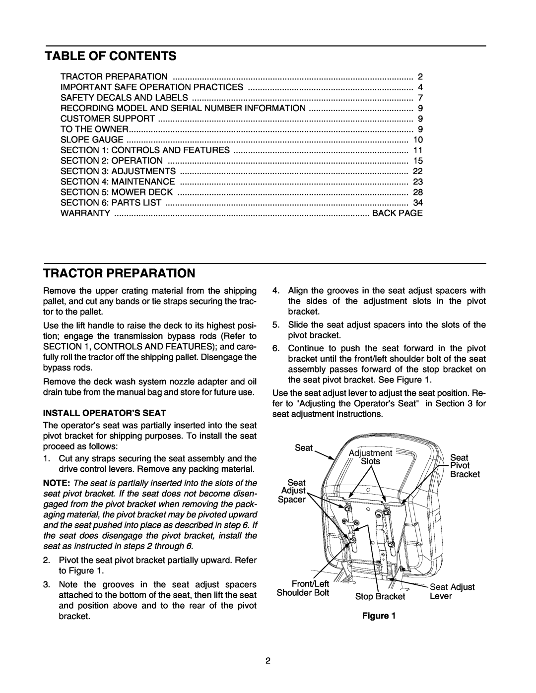 MTD ZT 50, ZT 42 manual Table Of Contents, Tractor Preparation, Install Operator’S Seat 
