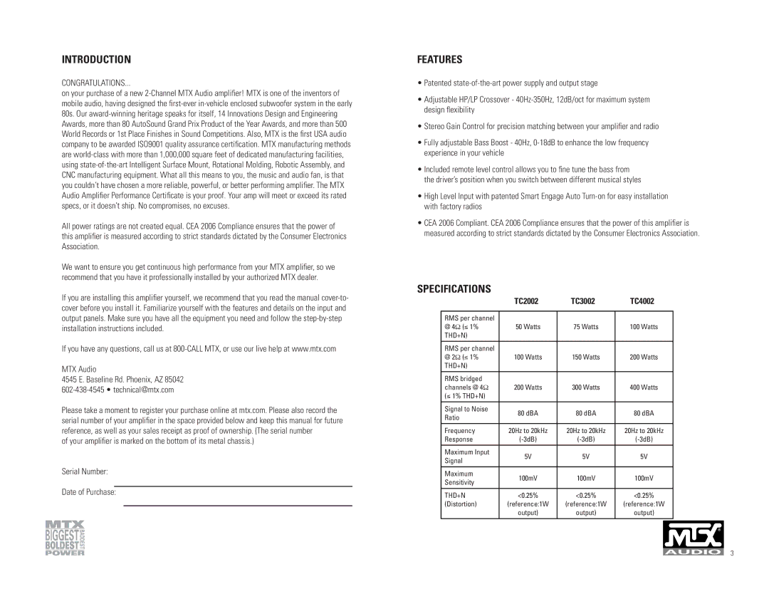 MTX Audio 1501D, 801D owner manual Introduction, Features, Specifications, TC2002 TC3002 TC4002 