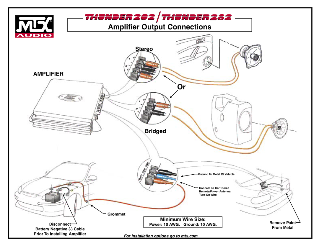 MTX Audio 232, 202 manual Amplifier Output Connections, Stereo, Bridged, Minimum Wire Size 