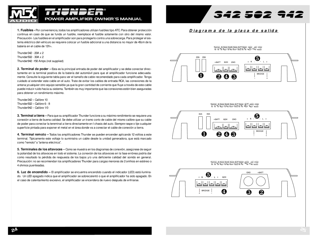 MTX Audio 502, 342, 942 owner manual Diagrama de la placa de salida, Ohmios puenteadas 