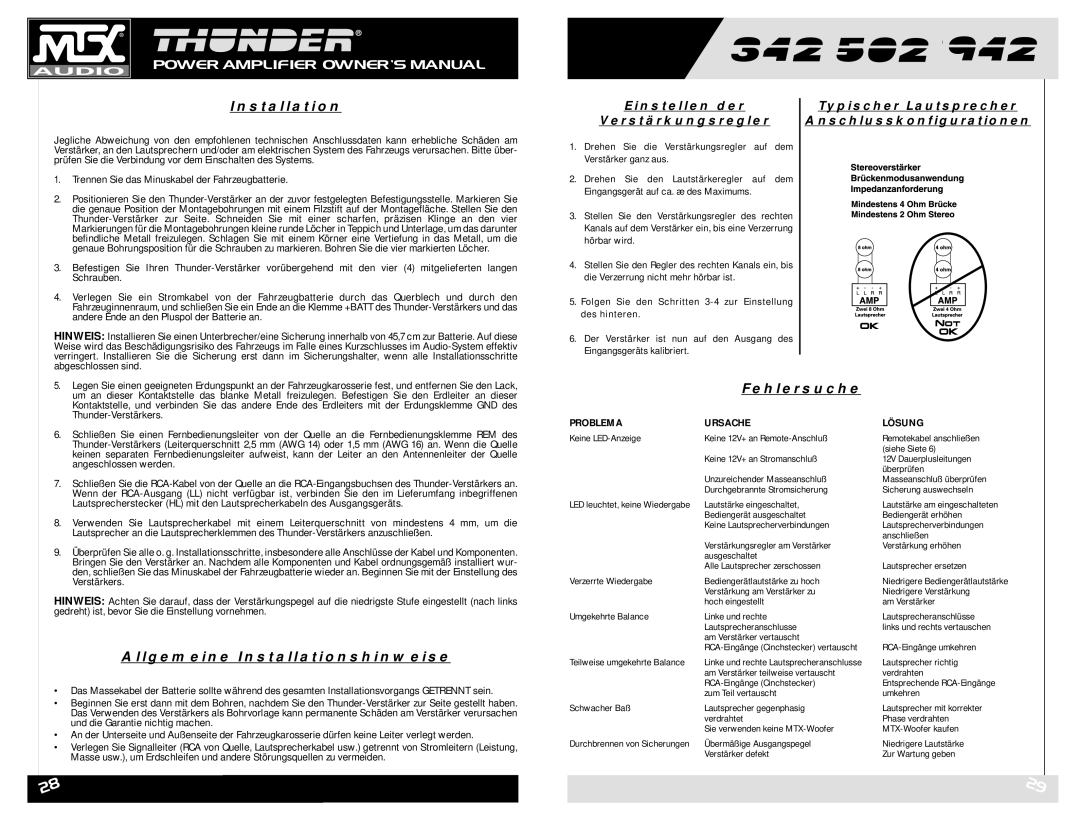 MTX Audio 342, 502, 942 Allgemeine Installationshinweise, Fehlersuche, Trennen Sie das Minuskabel der Fahrzeugbatterie 