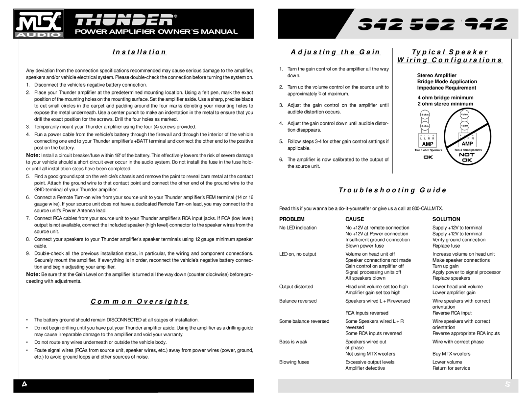 MTX Audio 342, 502, 942 Installation, Adjusting the Gain, Typical Speaker Wiring Configurations, Troubleshooting Guide 