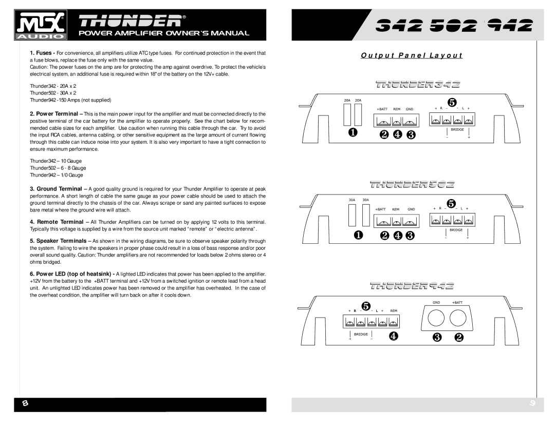 MTX Audio 942, 342, 502 owner manual ❶ ❷ ❹ ❸ ❹ ❸ ❷, Output Panel Layout 