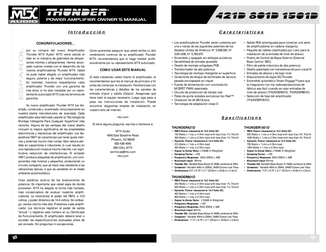 MTX Audio 421D owner manual Introducción Características, Congratulaciones, Como Usar Este Manual 