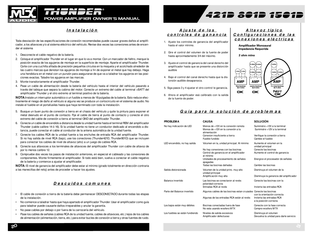 MTX Audio 421D owner manual Instalación, Descuidos comunes, Guía para la solución de problemas 