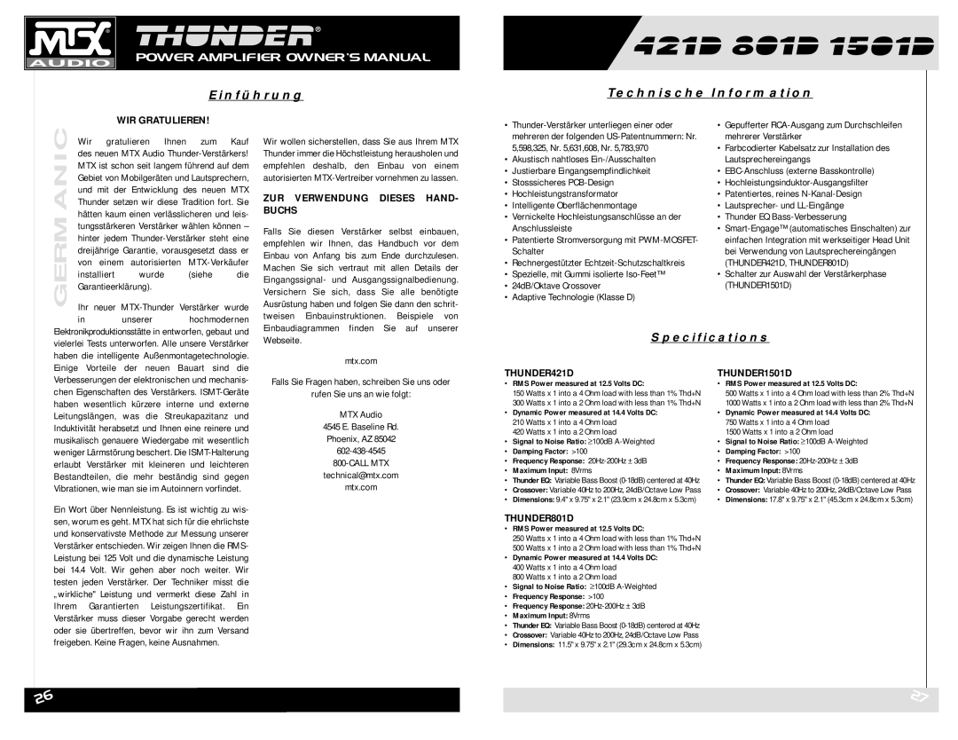 MTX Audio 421D owner manual Einführung Technische Information, WIR Gratulieren, ZUR Verwendung Dieses HAND- Buchs 