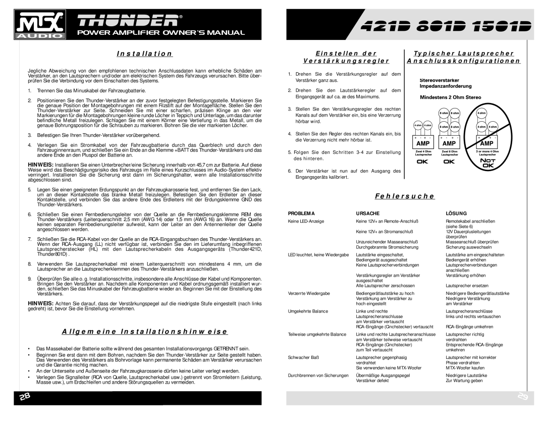 MTX Audio 421D owner manual Allgemeine Installationshinweise, Fehlersuche, Trennen Sie das Minuskabel der Fahrzeugbatterie 