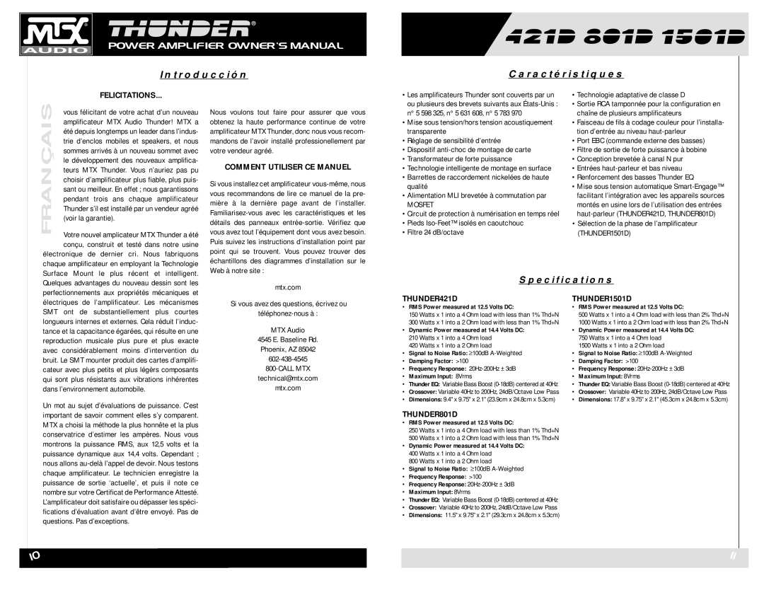 MTX Audio 421D owner manual Introducción Caractéristiques, Felicitations, Comment Utiliser CE Manuel 