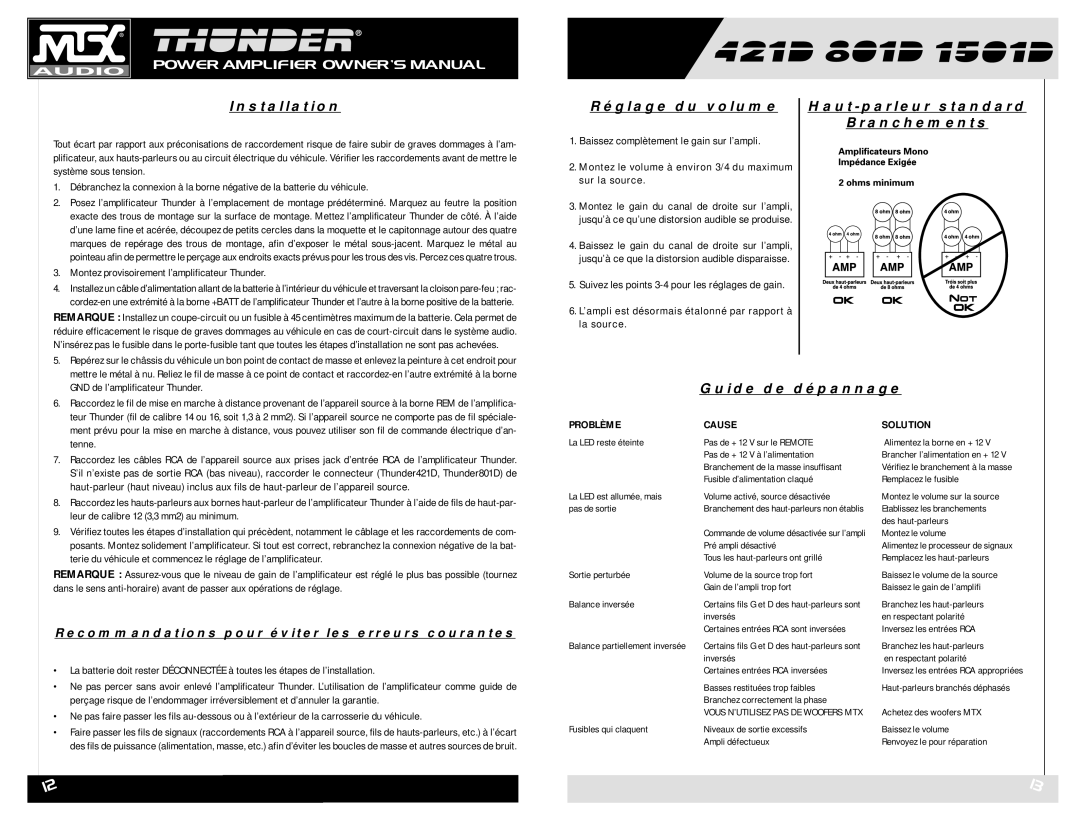 MTX Audio 421D owner manual Réglage du volume, Haut-parleur standard Branchements, Guide de dépannage 