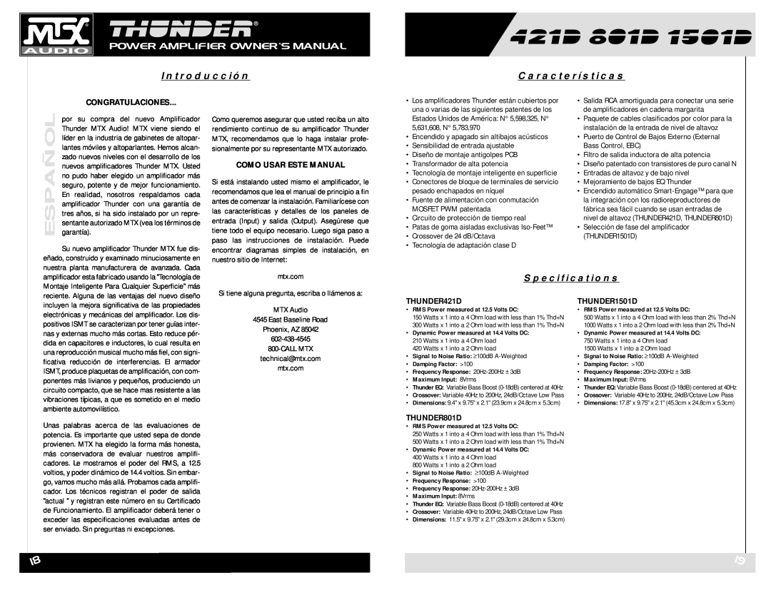 MTX Audio 421D owner manual Características, Congratulaciones, Como Usar Este Manual, Español, Introducción, Specifications 
