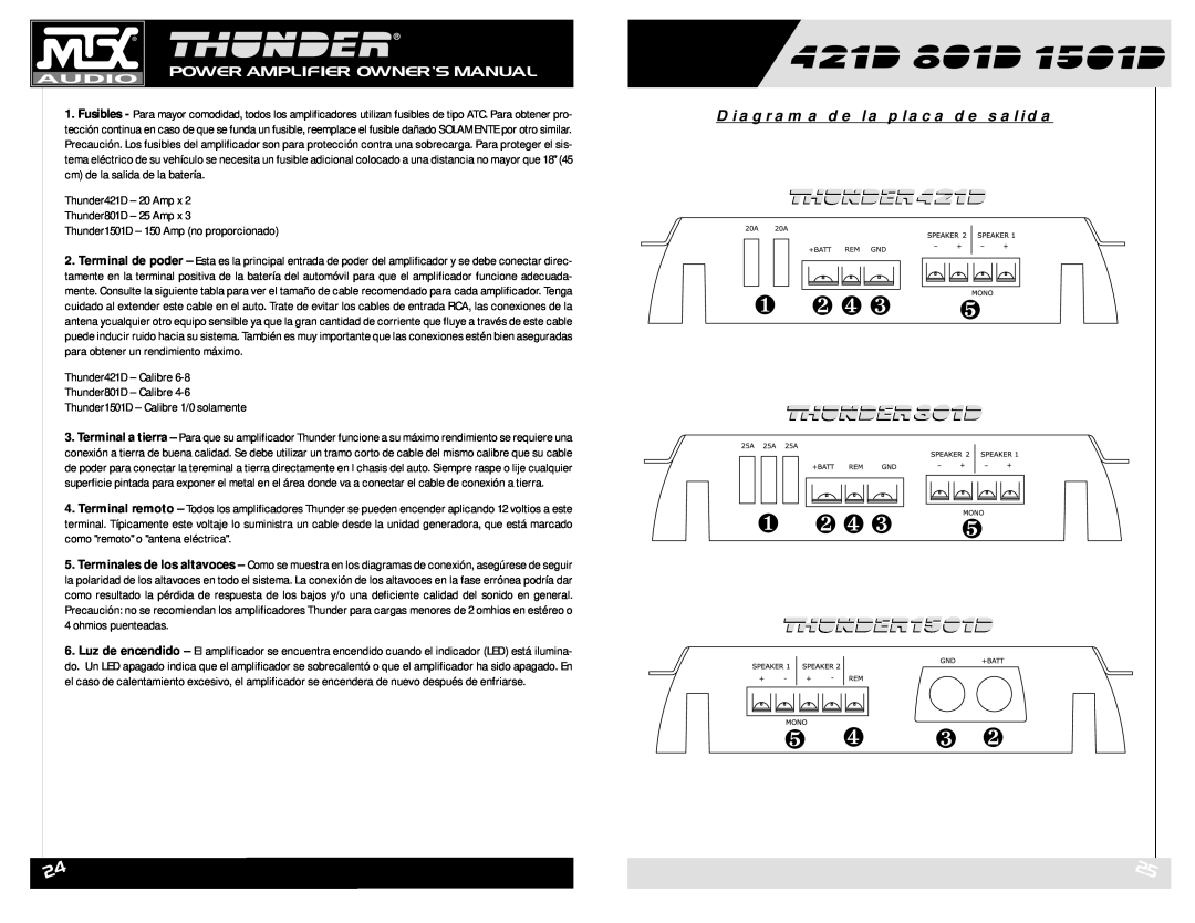 MTX Audio Diagrama de la placa de salida, ❶ ❷ ❹ ❸, Thunder421D - 20 Amp x Thunder801D - 25 Amp x, ohmios puenteadas 