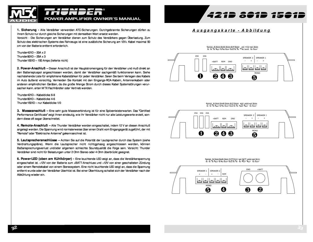MTX Audio 421D owner manual Ausgangskarte - Abbildung, ❶ ❷ ❹ ❸, Power Amplifier Owner’S Manual 