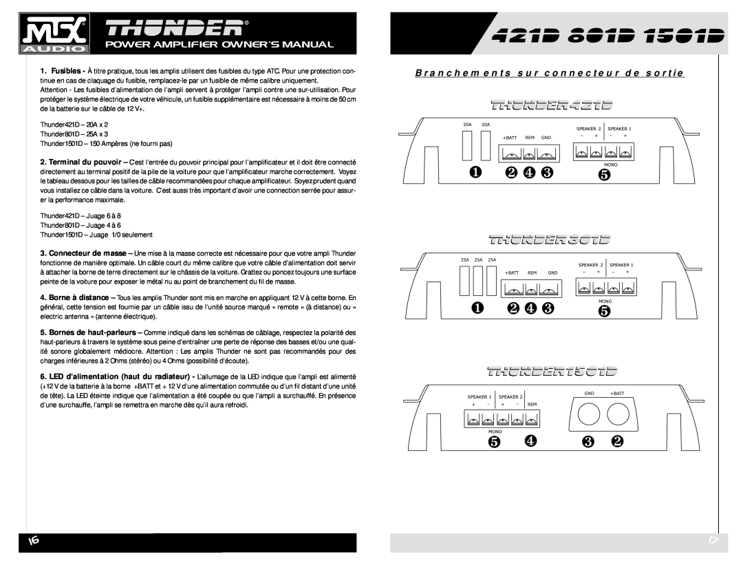 MTX Audio 421D owner manual Branchements sur connecteur de sortie, ❶ ❷ ❹ ❸, Power Amplifier Owner’S Manual 