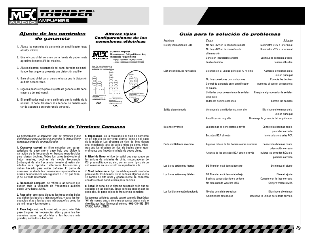 MTX Audio 4405 owner manual Ajuste de los controles De ganancia, Guía para la solución de problemas 