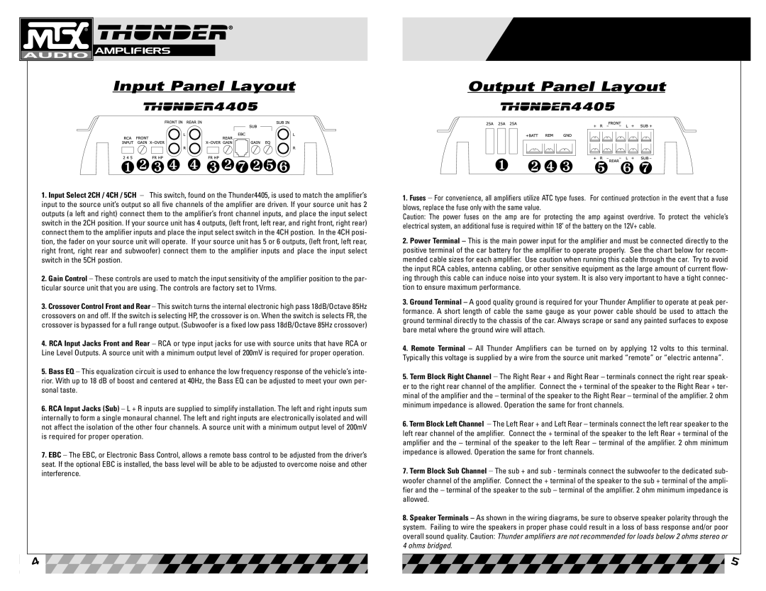 MTX Audio 4405 owner manual ❶ ❷❸ ❹ ❹ ❸❷❼❷❺❻, ❶ ❷ ❹❸ ❺ ❻ ❼, Input Panel Layout, Output Panel Layout 