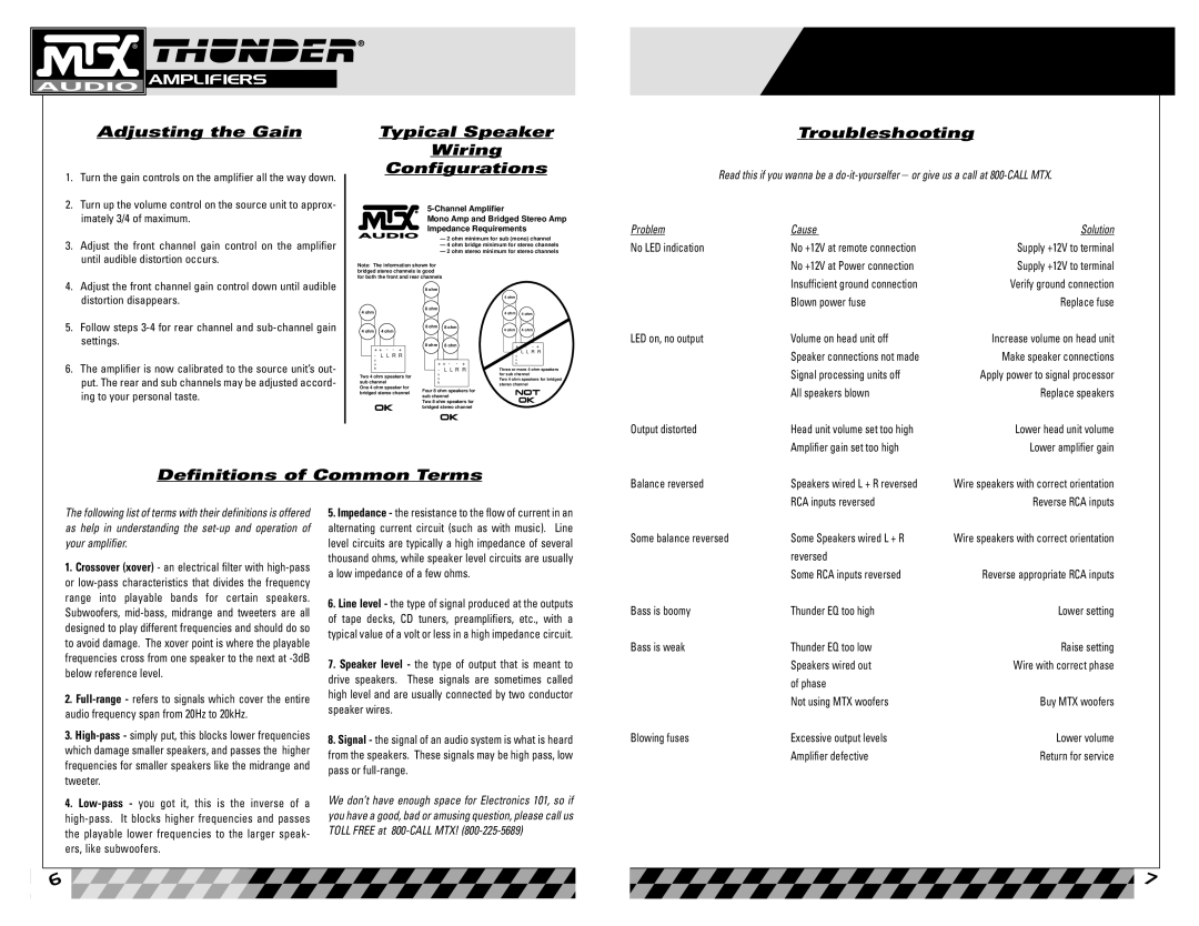 MTX Audio 4405 Adjusting the Gain, Typical Speaker Wiring Configurations, Troubleshooting, Definitions of Common Terms 