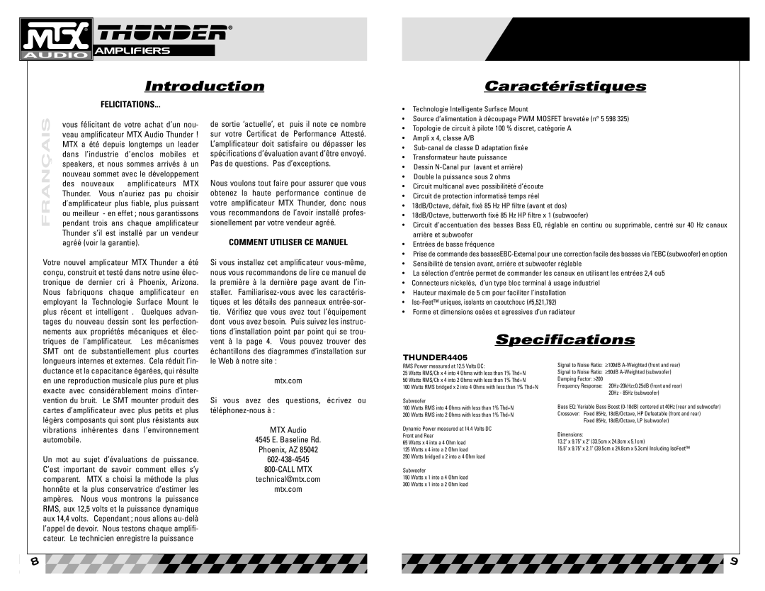 MTX Audio 4405 owner manual Introduction Caractéristiques, Forme et dimensions osées et agressives d’un radiateur 