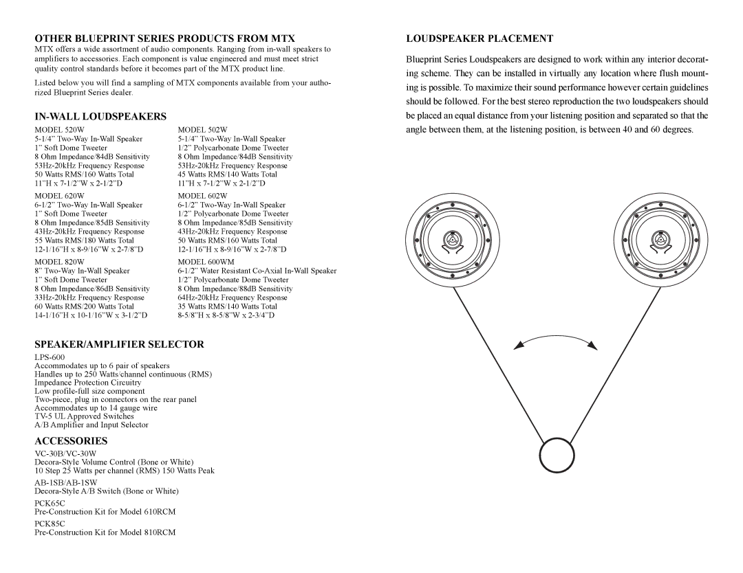 MTX Audio 510CM Other Blueprint Series Products from MTX, IN-WALL Loudspeakers, SPEAKER/AMPLIFIER Selector, Accessories 