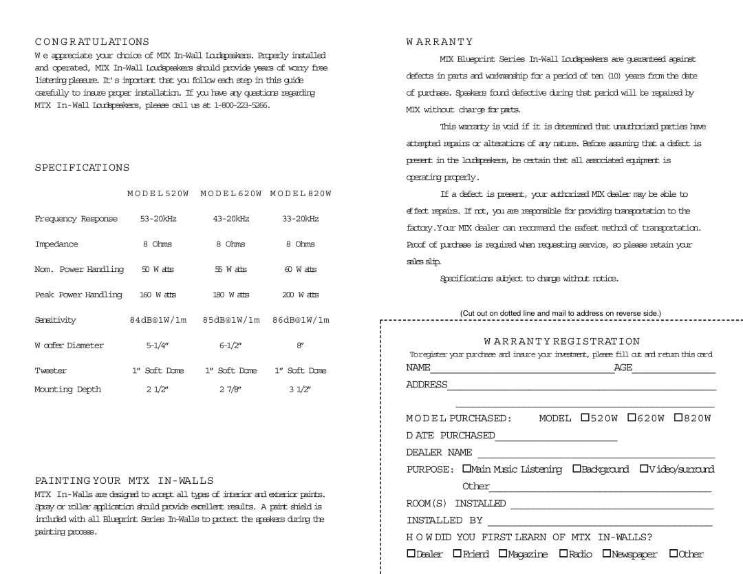MTX Audio 520W, 820W owner manual N G R AT U L Ations, Specifications, Painting Your MTX IN-WALLS, Arranty Registration 
