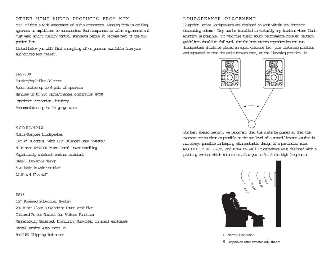 MTX Audio 820W, 520W owner manual Other Home Audio Products from MTX, Loudspeaker Placement 