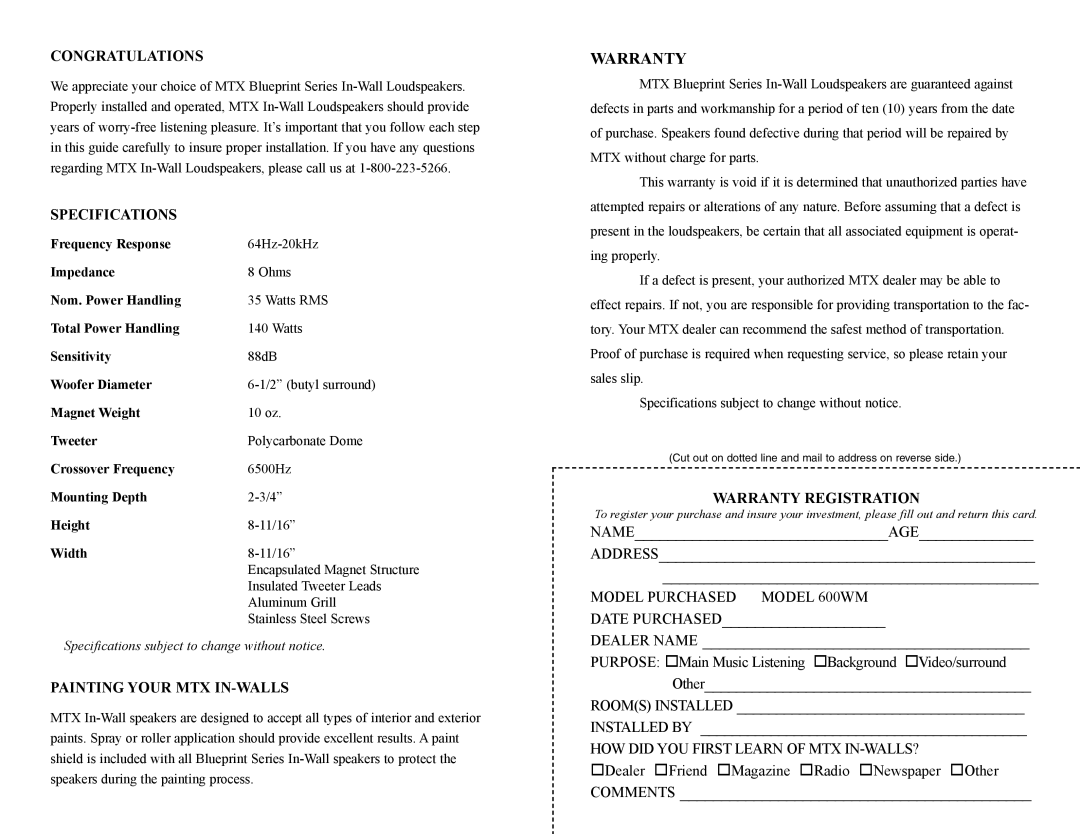 MTX Audio 600WM owner manual Congratulations, Specifications, Painting Your MTX IN-WALLS, Warranty Registration 