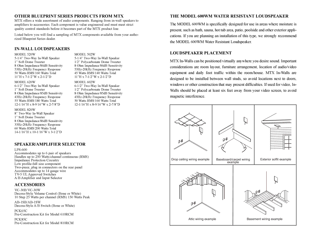 MTX Audio 600WM Other Blueprint Series Products from MTX, IN-WALL Loudspeakers, SPEAKER/AMPLIFIER Selector, Accessories 