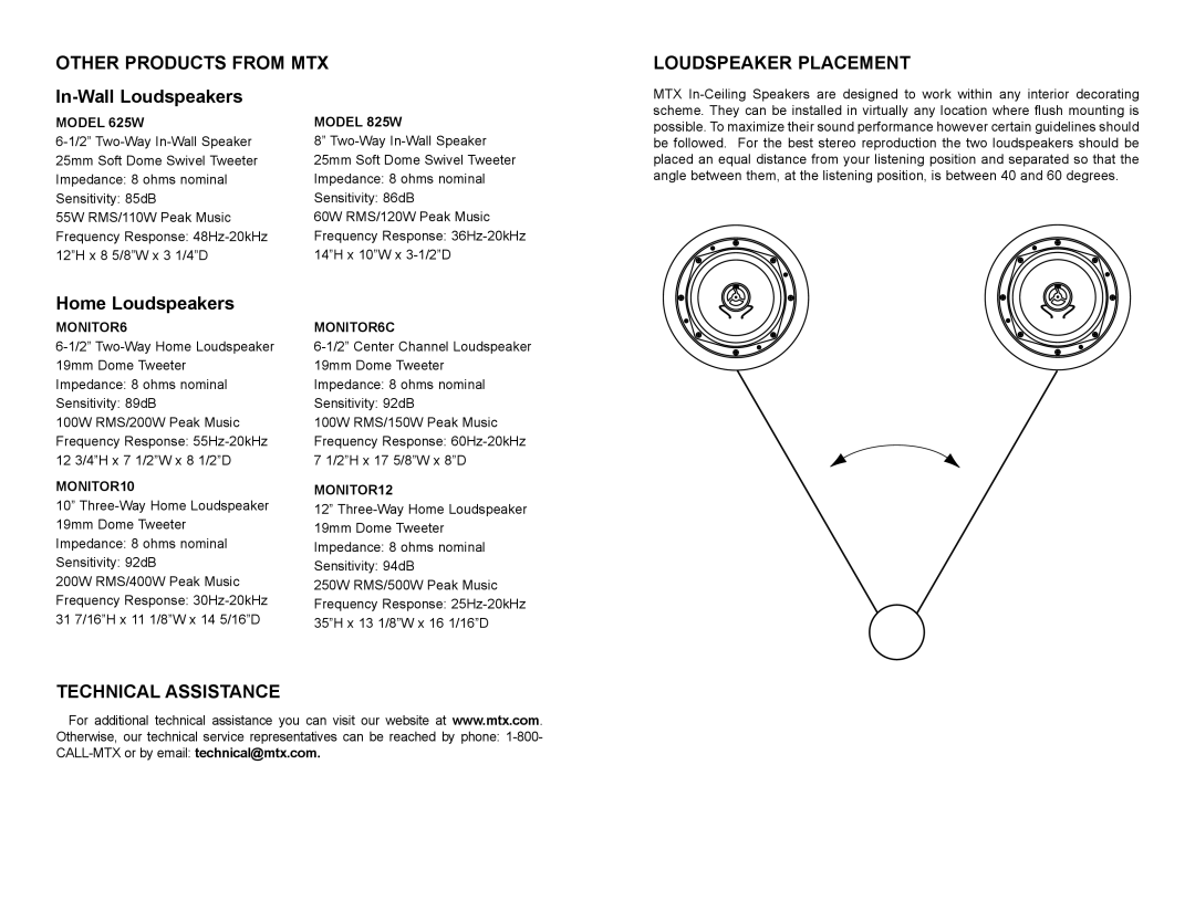 MTX Audio 612C, 812C, 512C owner manual Other Products from MTX Loudspeaker Placement, Technical Assistance 