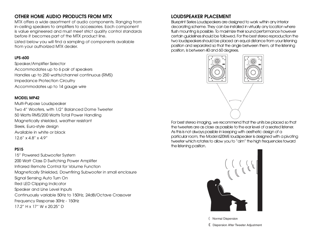 MTX Audio 620WE owner manual Other Home Audio Products from MTX, Loudspeaker Placement 