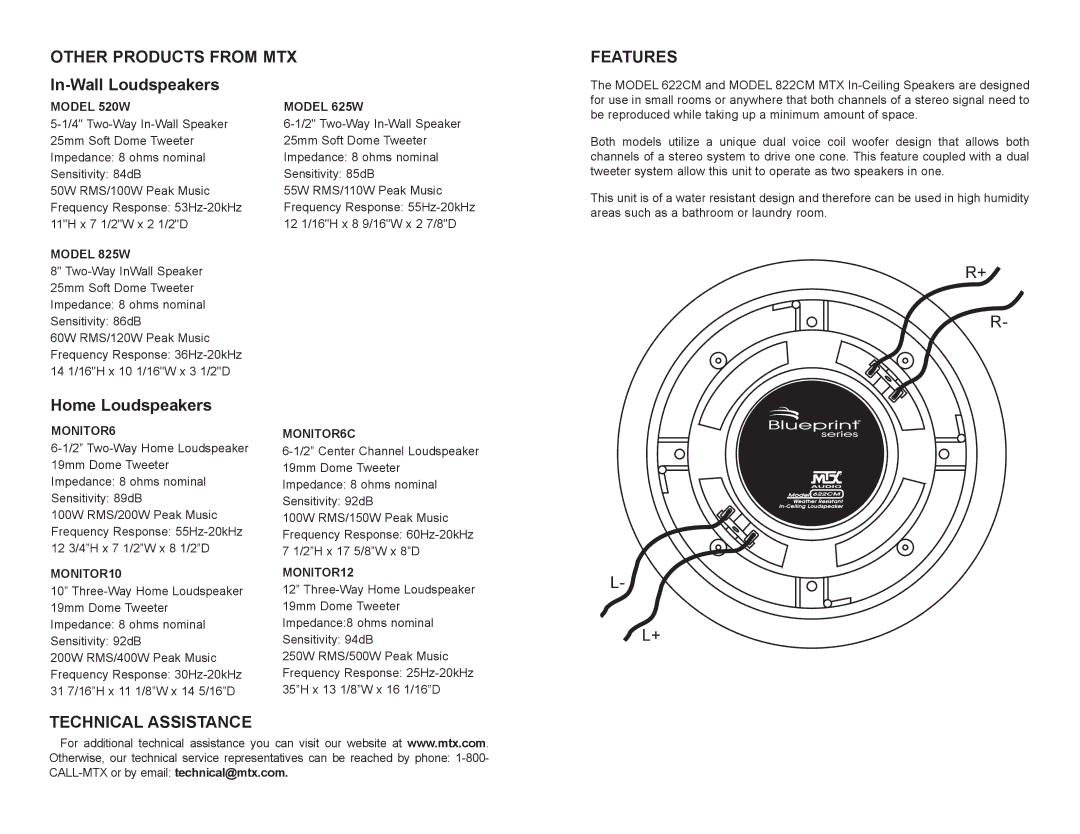 MTX Audio 822CM, 622CM owner manual Other Products from MTX Features, Technical Assistance 