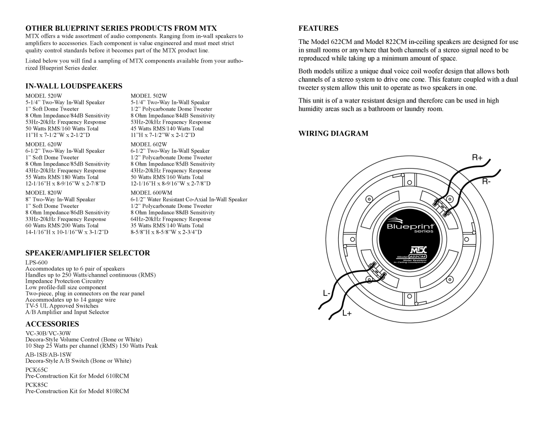 MTX Audio 622CM Other Blueprint Series Products from MTX, IN-WALL Loudspeakers, SPEAKER/AMPLIFIER Selector, Accessories 