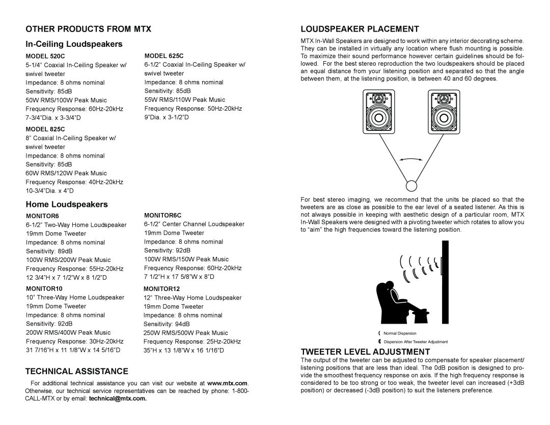 MTX Audio 825W1, 625W owner manual Other Products From Mtx, Loudspeaker Placement, In-CeilingLoudspeakers, Home Loudspeakers 