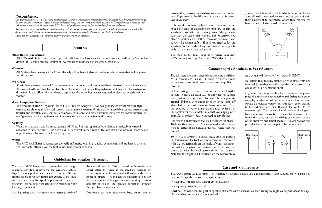 MTX Audio AAL212 Features, Connecting the Speakers to Your System, Guidelines for Speaker Placement, Care and Maintenance 