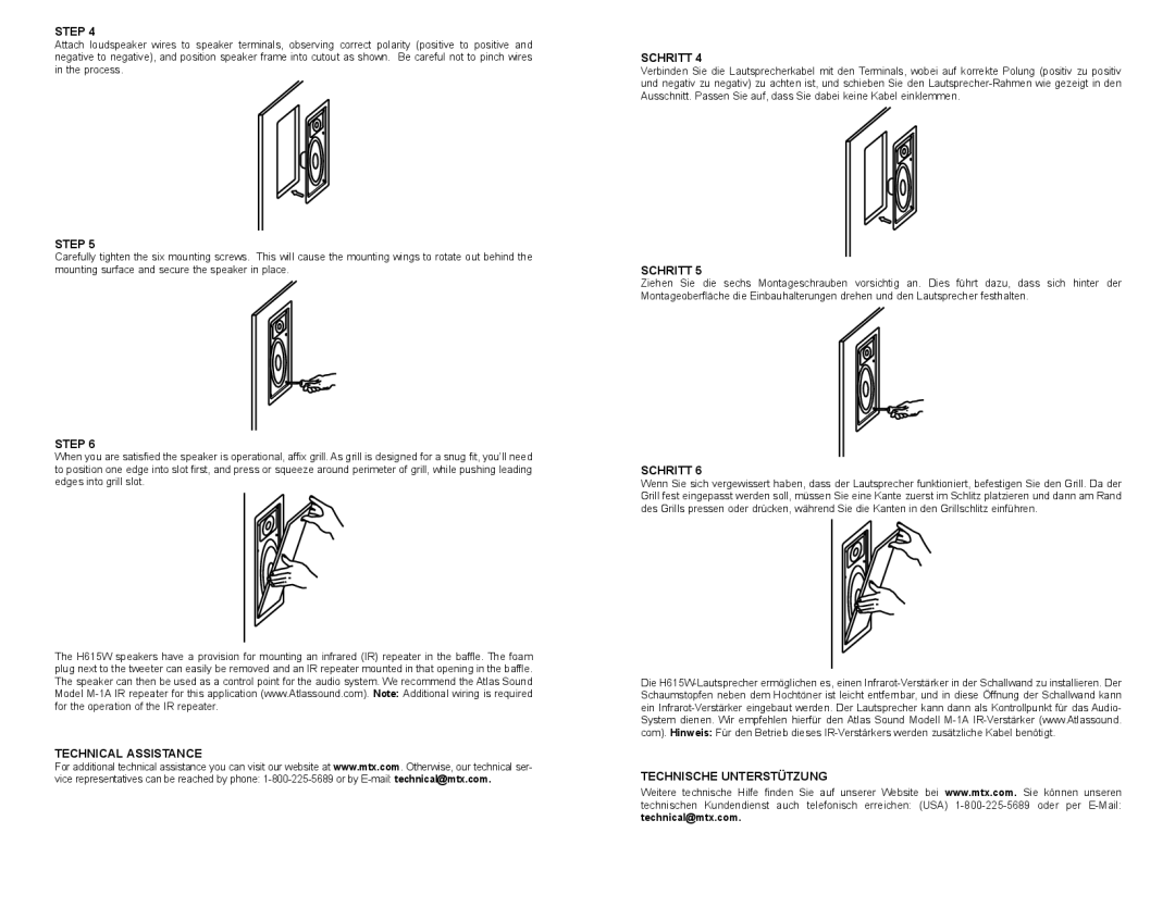 MTX Audio H615W owner manual Technical Assistance Schritt, Technische Unterstützung 