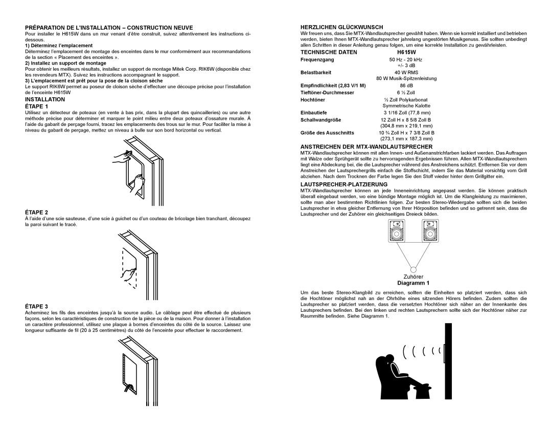 MTX Audio H615W owner manual Préparation De L’Installation - Construction Neuve 