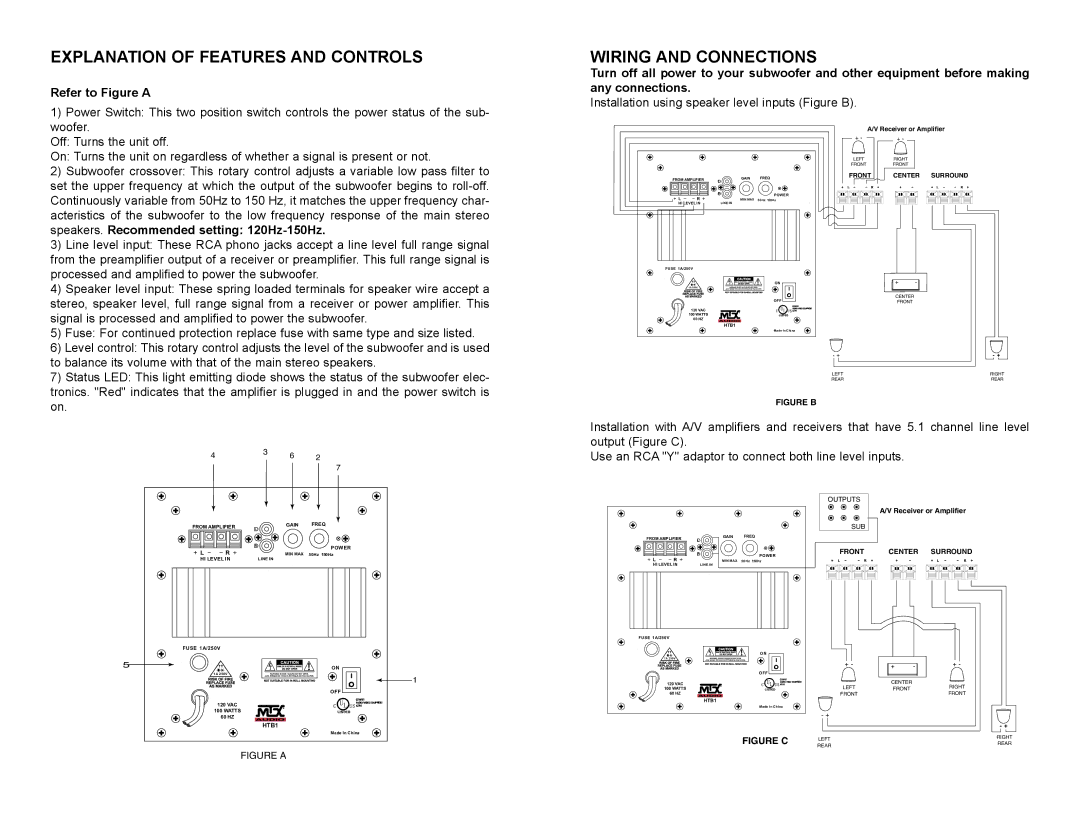 MTX Audio HTB1 manual Explanation of Features and Controls, Wiring and Connections, Refer to Figure a 